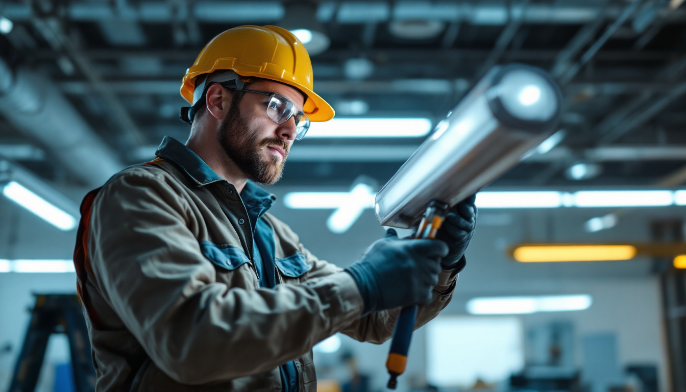 A photograph of a lighting contractor skillfully installing a fluorescent light ballast