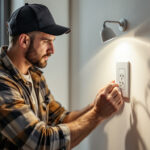 A photograph of a lighting contractor efficiently installing an electrical socket in a well-lit room