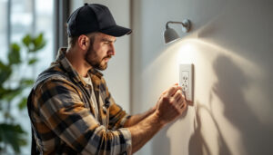 A photograph of a lighting contractor efficiently installing an electrical socket in a well-lit room