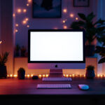 A photograph of a nighttime workspace featuring a glowing white computer screen