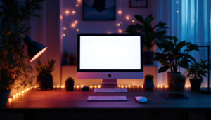 A photograph of a nighttime workspace featuring a glowing white computer screen
