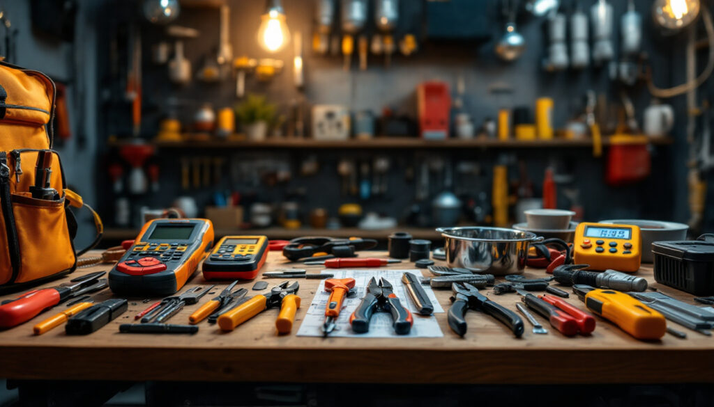 A photograph of a well-organized electrician's tool kit spread out on a workbench