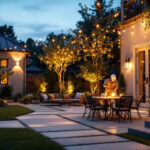 A photograph of a beautifully illuminated outdoor space showcasing various lighting installations
