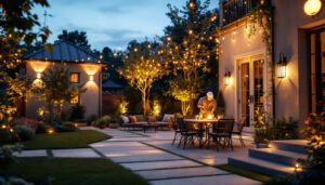 A photograph of a beautifully illuminated outdoor space showcasing various lighting installations