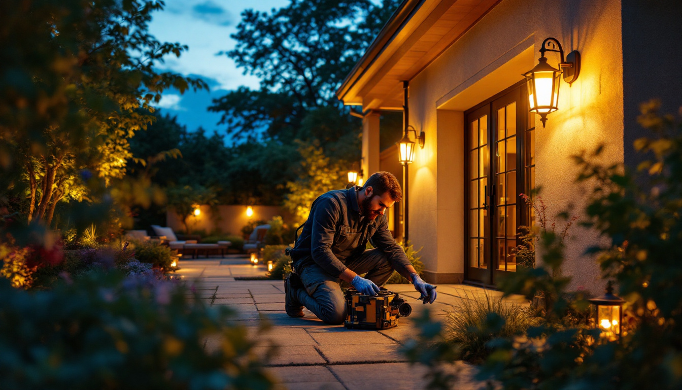 A photograph of a skilled lighting contractor installing elegant outdoor lighting fixtures in a beautifully landscaped garden at dusk