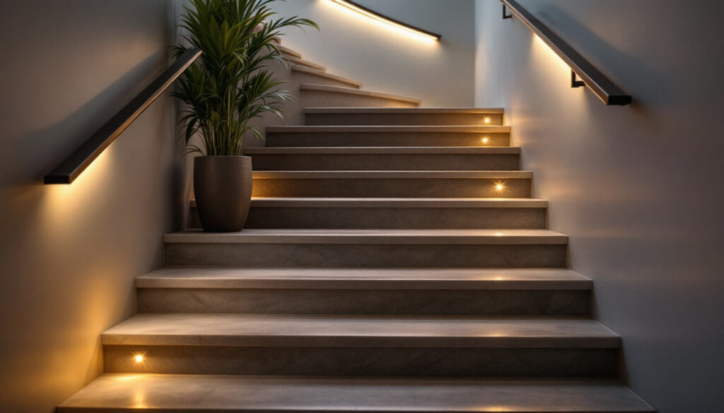 A photograph of a well-lit indoor staircase featuring stylish step lights