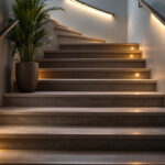 A photograph of a well-lit indoor staircase featuring stylish step lights