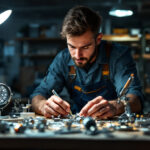 A photograph of a skilled lighting contractor working with miniature lighting fixtures in a well-lit workshop