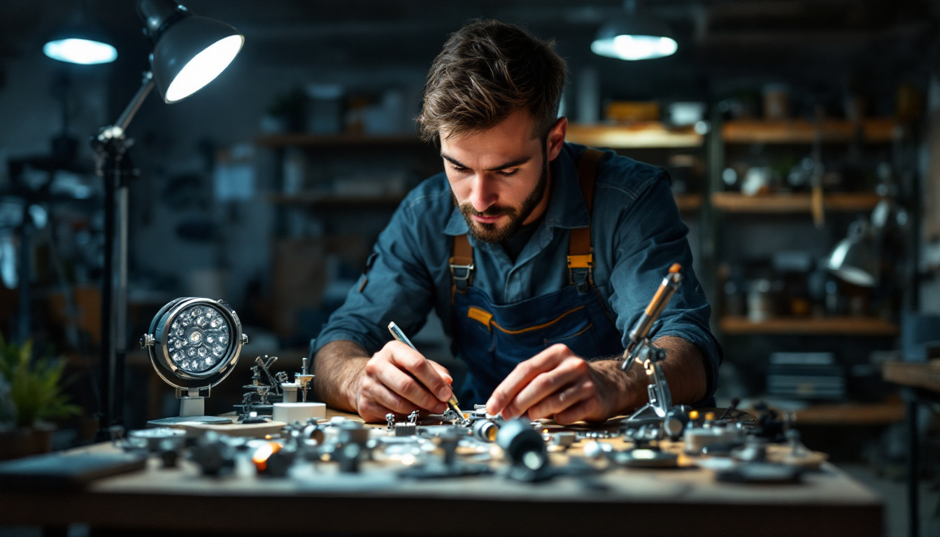 A photograph of a skilled lighting contractor working with miniature lighting fixtures in a well-lit workshop