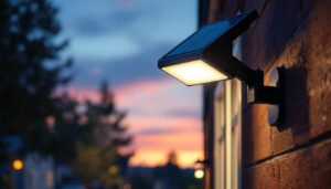 A photograph of a solar-powered sign light illuminating a storefront or outdoor sign at dusk