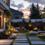 A photograph of a beautifully illuminated outdoor yard space showcasing various styles of exterior lighting fixtures