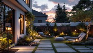 A photograph of a beautifully illuminated outdoor yard space showcasing various styles of exterior lighting fixtures