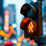 A photograph of a close-up view of a modern traffic light in action