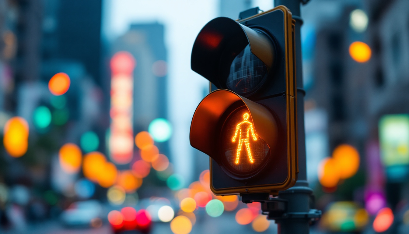 A photograph of a close-up view of a modern traffic light in action