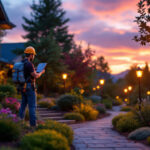 A photograph of a lighting contractor installing solar-powered led lights in a beautifully landscaped outdoor setting
