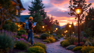 A photograph of a lighting contractor installing solar-powered led lights in a beautifully landscaped outdoor setting