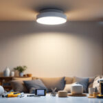 A photograph of a well-lit room featuring a stylish led ceiling mount light