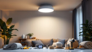 A photograph of a well-lit room featuring a stylish led ceiling mount light