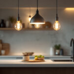 A photograph of a stylish pendant kitchen light elegantly illuminating a modern kitchen space