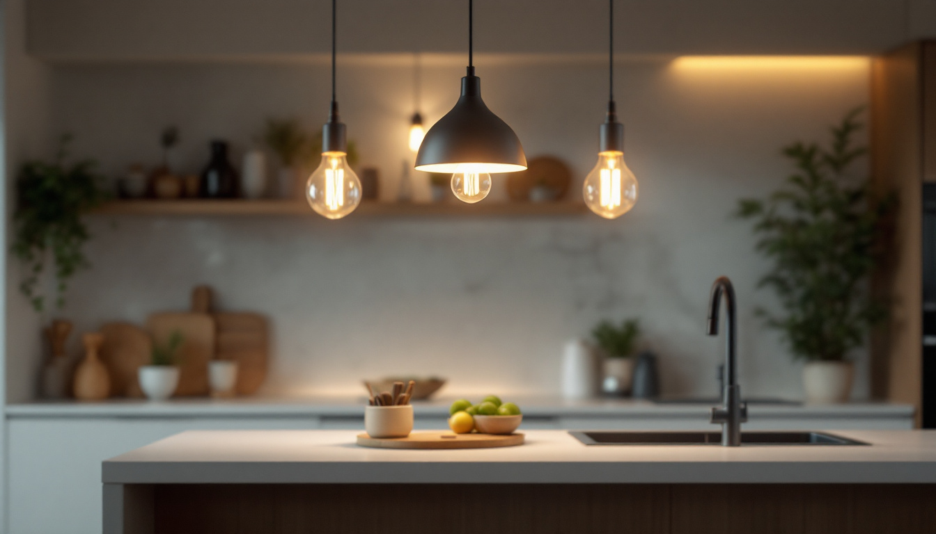 A photograph of a stylish pendant kitchen light elegantly illuminating a modern kitchen space