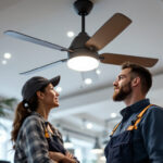 A photograph of a lighting contractor examining a stylish ceiling fan in a well-lit showroom
