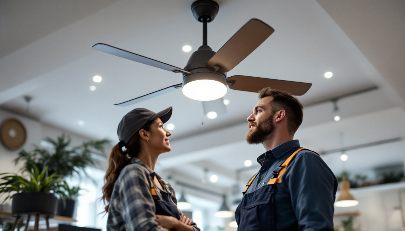 A photograph of a lighting contractor examining a stylish ceiling fan in a well-lit showroom