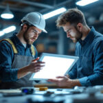 A photograph of a modern lighting contractor examining a square led light fixture in a well-lit workspace