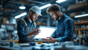 A photograph of a modern lighting contractor examining a square led light fixture in a well-lit workspace