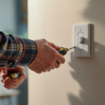 A photograph of a skilled electrician carefully installing a leviton decora single pole dimmer switch in a well-lit home setting