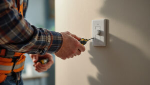 A photograph of a skilled electrician carefully installing a leviton decora single pole dimmer switch in a well-lit home setting