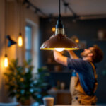 A photograph of a stylish lighting pendant hanging in a modern interior setting