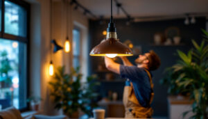 A photograph of a stylish lighting pendant hanging in a modern interior setting
