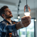 A photograph of a skilled lighting contractor installing or adjusting a flourcenet bulb in a modern setting