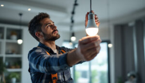 A photograph of a skilled lighting contractor installing or adjusting a flourcenet bulb in a modern setting