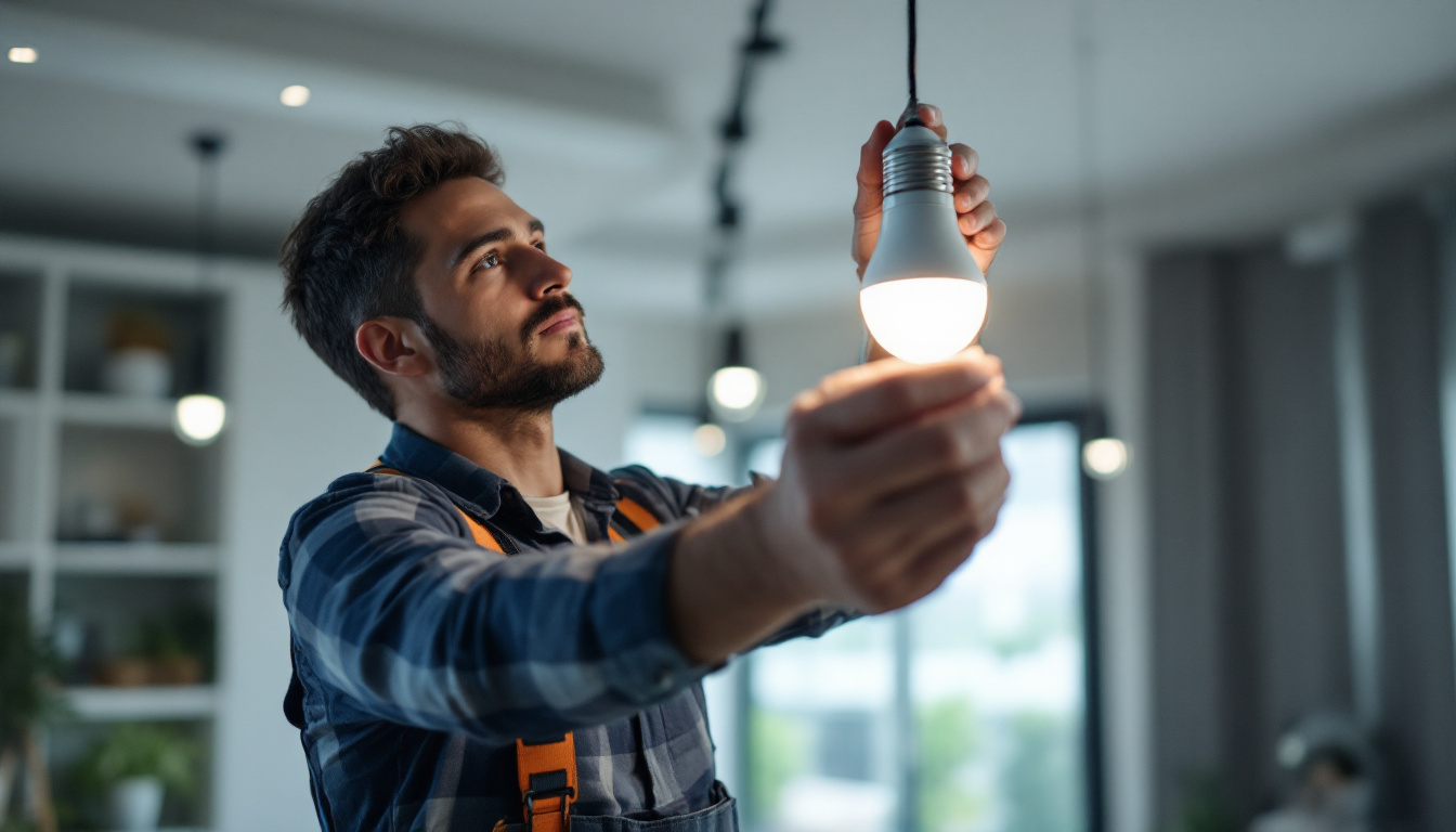 A photograph of a skilled lighting contractor installing or adjusting a flourcenet bulb in a modern setting