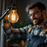 A photograph of a lighting contractor skillfully installing a lamp light bulb in a modern home setting
