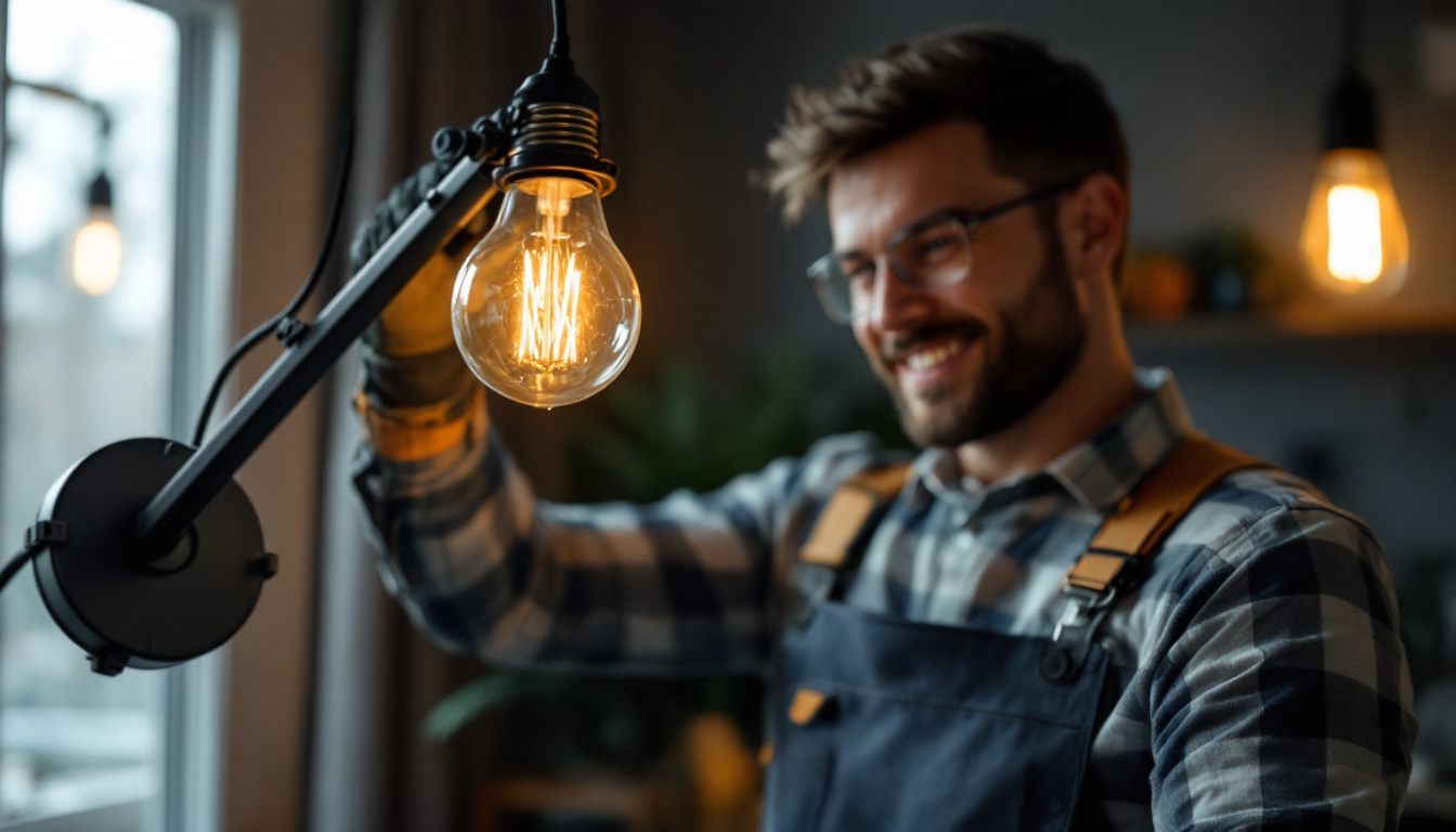 A photograph of a lighting contractor skillfully installing a lamp light bulb in a modern home setting