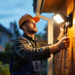A photograph of a professional lighting contractor installing a flood light motion sensor in a residential or commercial setting