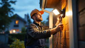 A photograph of a professional lighting contractor installing a flood light motion sensor in a residential or commercial setting