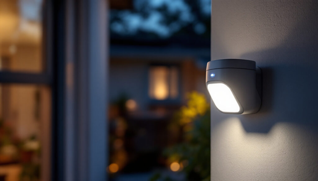 A photograph of a motion outdoor sensor installed in a well-lit outdoor setting