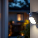 A photograph of a motion outdoor sensor installed in a well-lit outdoor setting