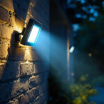 A photograph of a lighting contractor installing motion-sensitive flood lights in a residential or commercial setting
