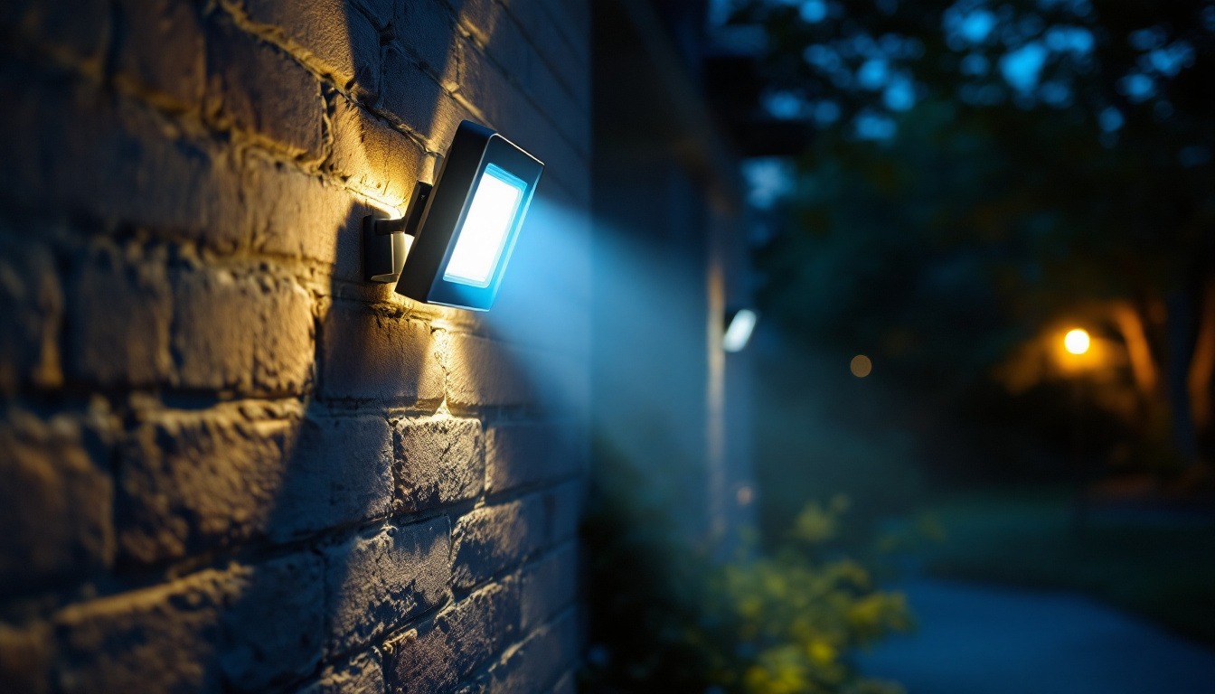 A photograph of a lighting contractor installing motion-sensitive flood lights in a residential or commercial setting
