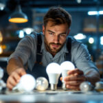 A photograph of a lighting contractor examining various types of light bulbs in a well-lit workspace