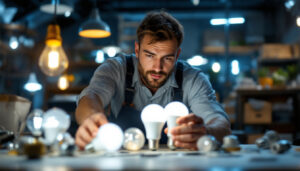 A photograph of a lighting contractor examining various types of light bulbs in a well-lit workspace