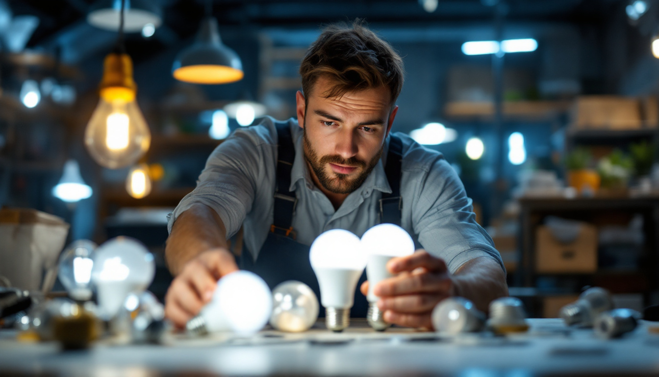 A photograph of a lighting contractor examining various types of light bulbs in a well-lit workspace