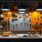 A photograph of a well-lit workspace showcasing led shop lights from lowe's illuminating various tools and materials