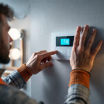 A photograph of a lighting contractor adjusting a modern time switch on a wall