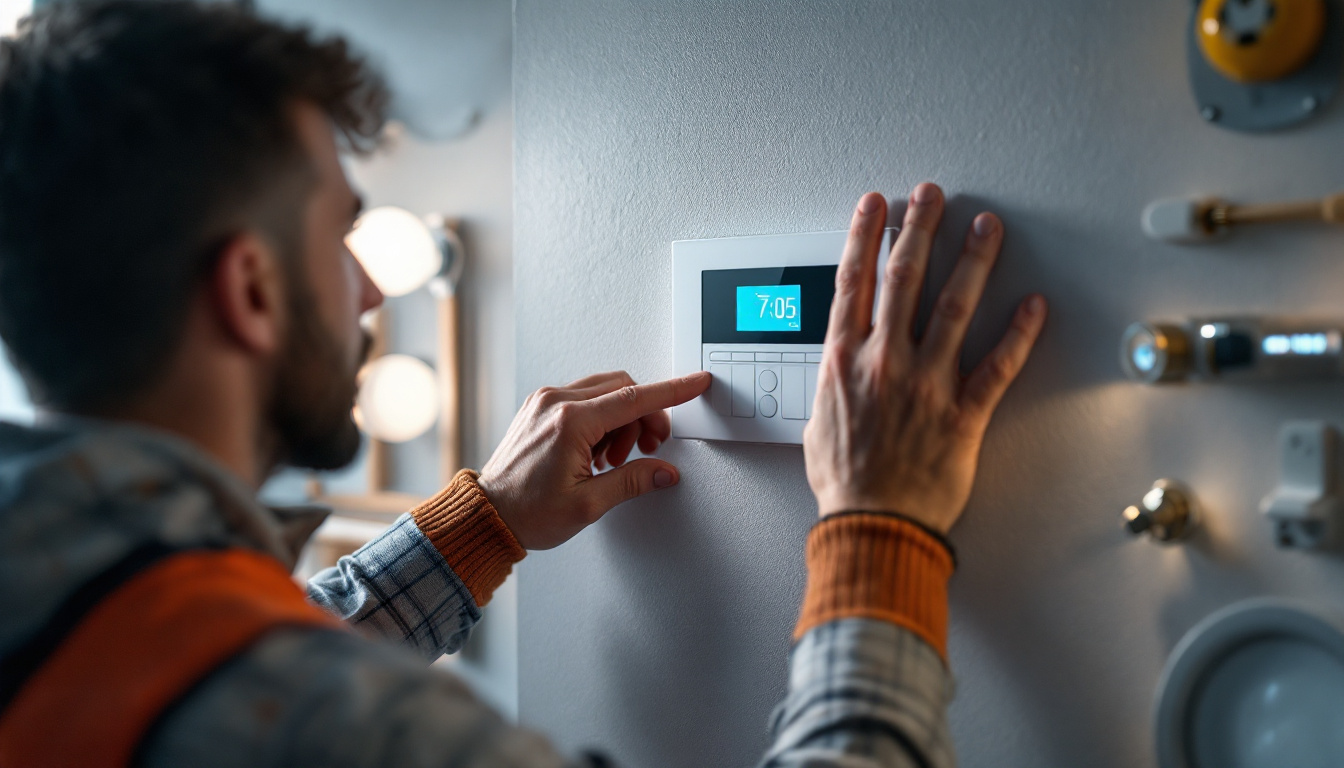 A photograph of a lighting contractor adjusting a modern time switch on a wall