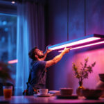A photograph of a lighting contractor installing a sleek